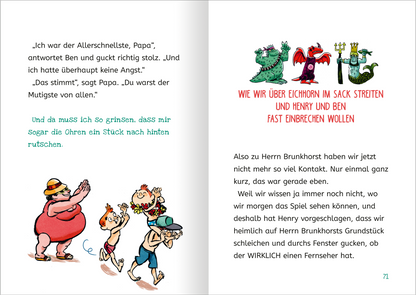 Gezeigt wird eine Innen- oder Zusatzansicht von „Ich und meine Chaos-Brüder – Achtung, fertig, Ferien!“. Darauf befinden sich farbenfrohe, verspielte Illustrationen, begleitet von humorvollen Texten in bunten, unterschiedlichen Schrifttypen. Die Hintergrundfarbe ist hell.