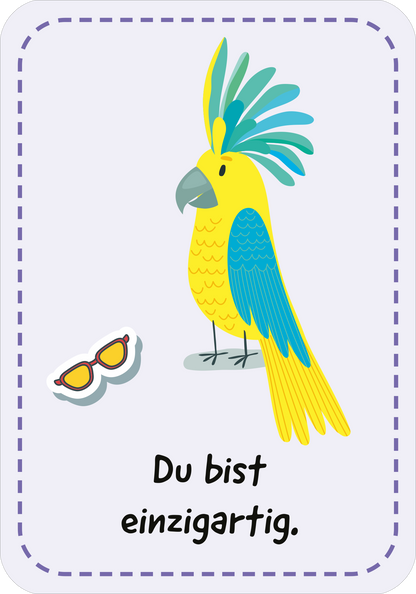 Gezeigt wird eine Innen- oder Zusatzansicht von „Mutmachkarten für die Schule“. Die Karte hat einen sanften lila Hintergrund und zeigt einen bunten Kakadu in Gelb und Blau. Neben dem Vogel liegt eine kleine Sonnenbrille. In einer klaren, freundlichen Schrift steht der Text „Du bist einzigartig.“ Die Gestaltung ist verspielt und ansprechend, ideal für Kinder.