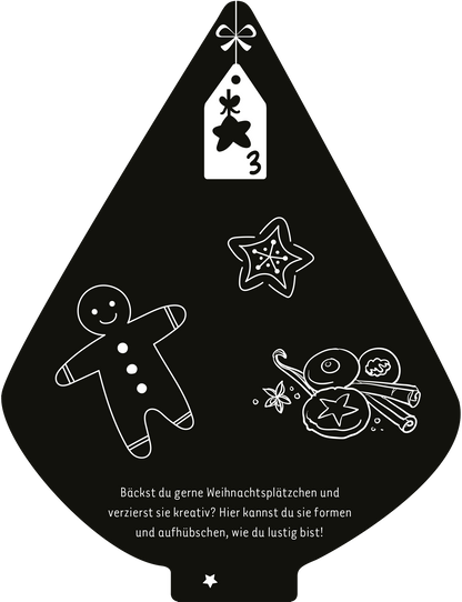Gezeigt wird eine Innen- oder Zusatzansicht von „Mein Kritzkratz-Adventskalender“. Der Hintergrund ist schwarz, darauf sind in Weiß gezeichnete Motive wie ein Lebkuchenmann, eine Weihnachtsstern-Form und eine dekorierte Weihnachtsplätzchen. Oben befindet sich ein Etikett mit der Zahl 3, geschmückt mit einem kleinen Stern. Die Schrift ist verspielt und freundlich, was die kreative und festliche Atmosphäre des Adventskalenders unterstreicht.