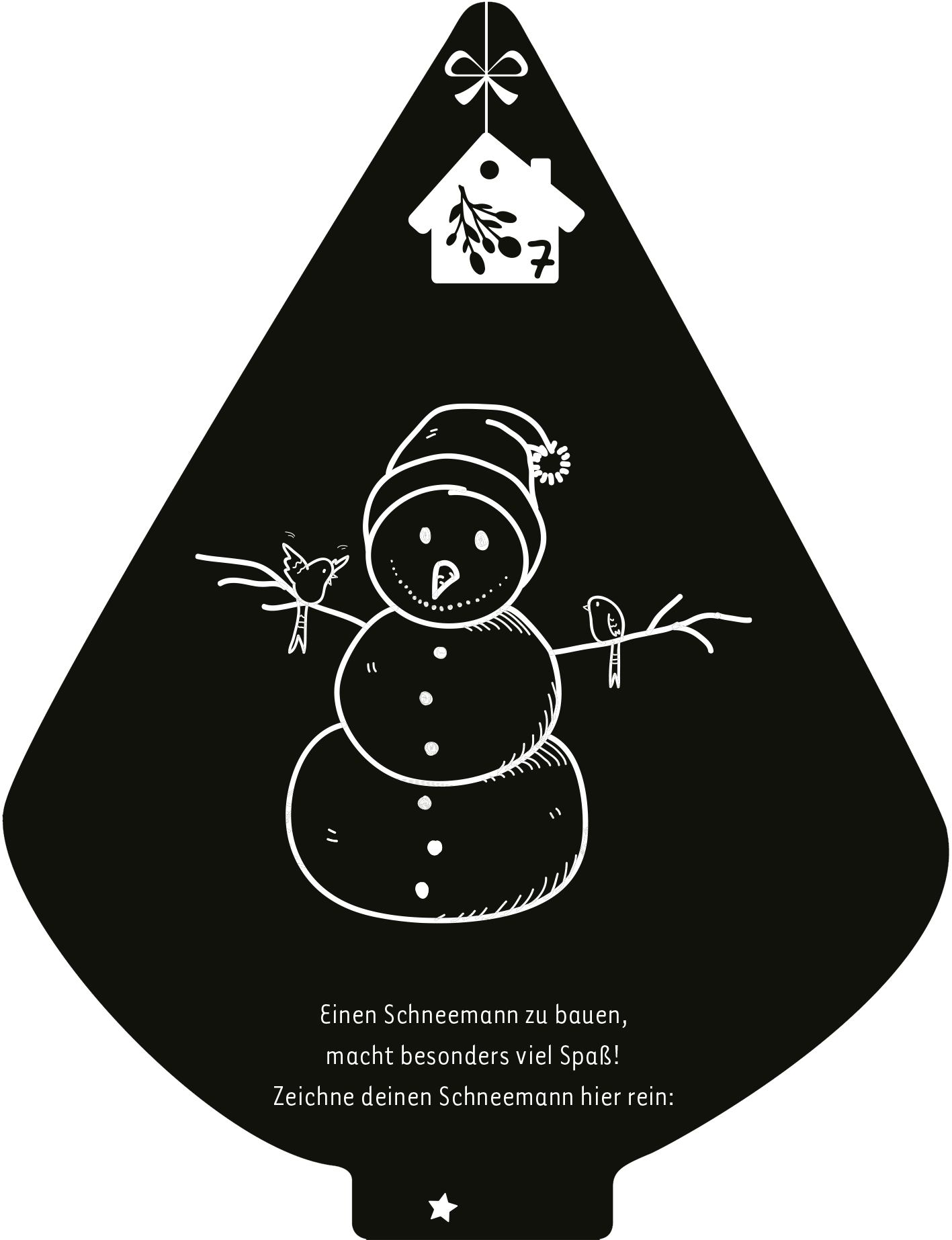 Gezeigt wird eine Innen- oder Zusatzansicht von „Mein Kritzkratz-Adventskalender“. Der Hintergrund ist schwarz, und darauf wird ein kindlicher Schneemann mit einem roten Hut und zwei Vögeln, die auf seinen Armen sitzen, dargestellt. Der Schneemann hat eine füllige Form und eine freundliche Gesichtszüge. Unter dem Bild findet sich der Text: „Einen Schneemann zu bauen, macht besonders viel Spaß! Zeichne deinen Schneemann hier rein:“, in klarer, weißer Schrift. Die Gesamtkomposition...