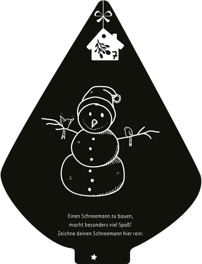 Gezeigt wird eine Innen- oder Zusatzansicht von „Mein Kritzkratz-Adventskalender“. Der Hintergrund ist schwarz, und darauf wird ein kindlicher Schneemann mit einem roten Hut und zwei Vögeln, die auf seinen Armen sitzen, dargestellt. Der Schneemann hat eine füllige Form und eine freundliche Gesichtszüge. Unter dem Bild findet sich der Text: „Einen Schneemann zu bauen, macht besonders viel Spaß! Zeichne deinen Schneemann hier rein:“, in klarer, weißer Schrift. Die Gesamtkomposition...