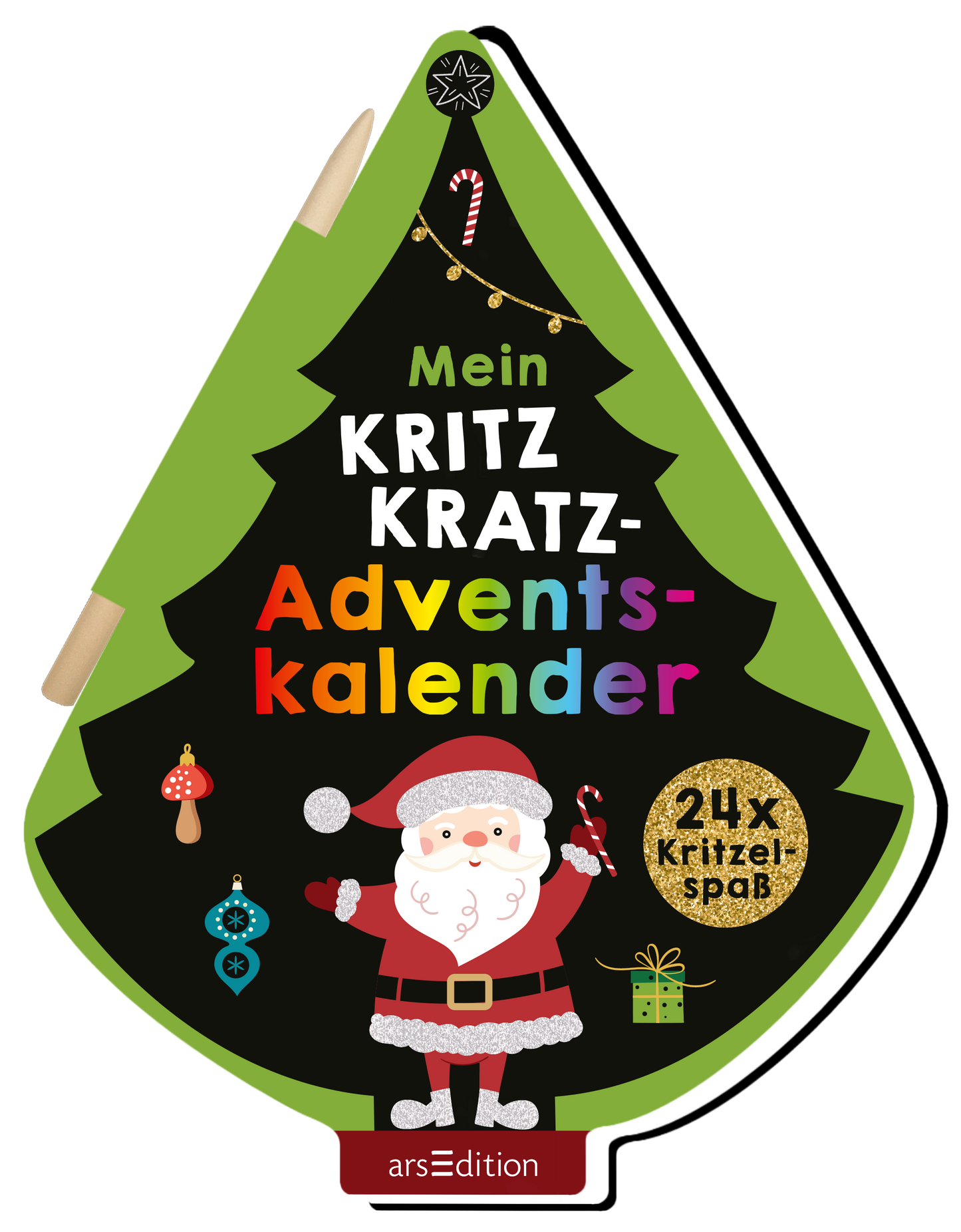 Das Buchcover hat die Form eines Tannenbaums in leuchtendem Grün. Auf schwarzem Hintergrund steht in bunten, verspielten Buchstaben „Mein KRITZ KRATZ-Adventskalender“. Unten ist ein fröhlicher Weihnachtsmann abgebildet, der einen Zuckerstangen hält. Darüber hängen festliche Ornamente, und ein goldener Sticker mit „24x Kritzels Spaß“ ist ebenfalls sichtbar. Ganz unten mittig steht der Logoschriftzug von arsEdition.