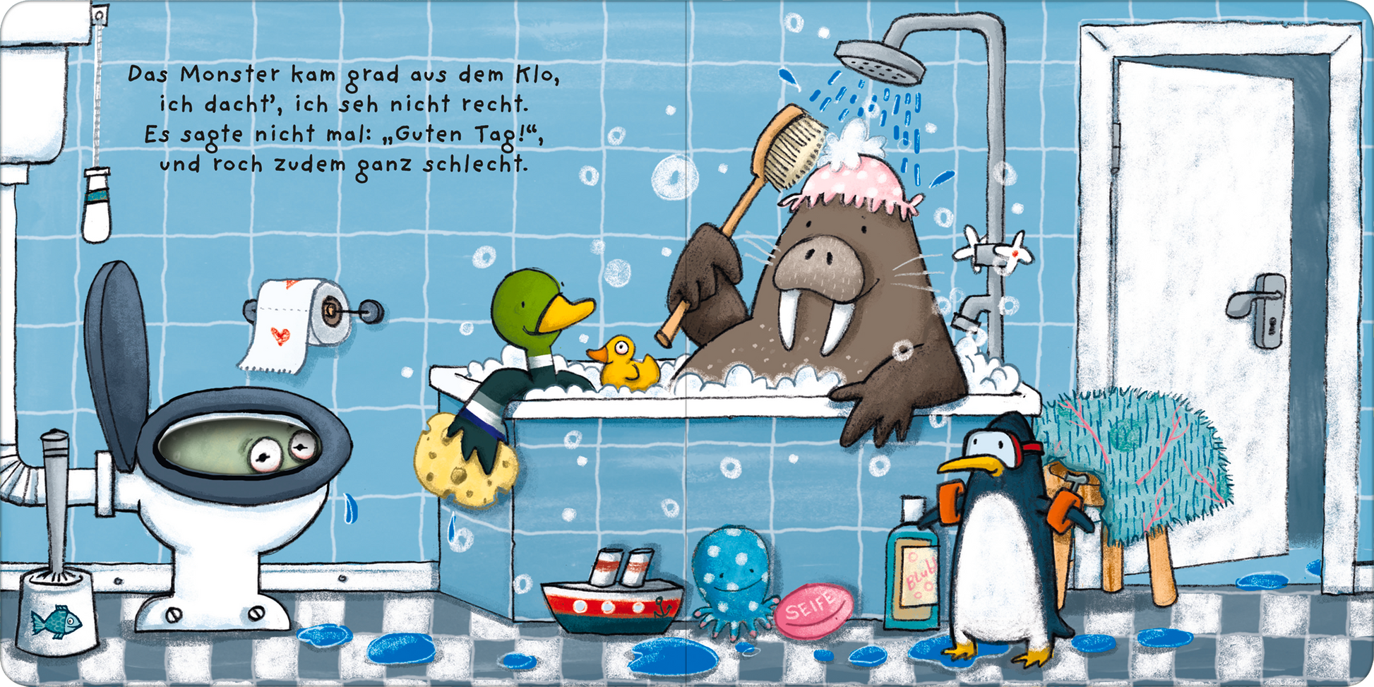Gezeigt wird eine Innenansicht von „Finger weg!“. Die Illustration zeigt ein humorvolles Badezimmer mit blauen Fliesen. In der Badewanne sitzt ein Walross mit einem rosa Handtuch auf dem Kopf, umgeben von schaumigen Wasserblasen. Eine Ente und ein Pinguin stehen daneben, während ein entsetzter Gesichtsausdruck aus der Toilette schaut. Der Text ist in einem klaren, gut lesbaren Schriftstil in Schwarz gehalten. Bunte Badutensilien und Spielzeug vervollständigen die lebendige Szene.