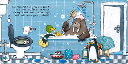 Gezeigt wird eine Innenansicht von „Finger weg!“. Die Illustration zeigt ein humorvolles Badezimmer mit blauen Fliesen. In der Badewanne sitzt ein Walross mit einem rosa Handtuch auf dem Kopf, umgeben von schaumigen Wasserblasen. Eine Ente und ein Pinguin stehen daneben, während ein entsetzter Gesichtsausdruck aus der Toilette schaut. Der Text ist in einem klaren, gut lesbaren Schriftstil in Schwarz gehalten. Bunte Badutensilien und Spielzeug vervollständigen die lebendige Szene.