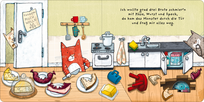 Gezeigt wird eine Innenansicht von „Finger weg!“. Im Vordergrund befinden sich verschiedene belegte Brote in bunten Farben wie rot, gelb und braun. Ein orangefarbener Kater sitzt verwirrt auf dem Boden, umgeben von Chaos. Im Hintergrund sieht man eine helle Küche mit weißen Schränken, einem Herd und einer offenen Tür. An der Wand hängt ein Zettel mit dem Hinweis „Milch wollte“. Die Schrift ist kindgerecht und gut lesbar, die gesamte Farbpalette wirkt fröhlich und einladend.