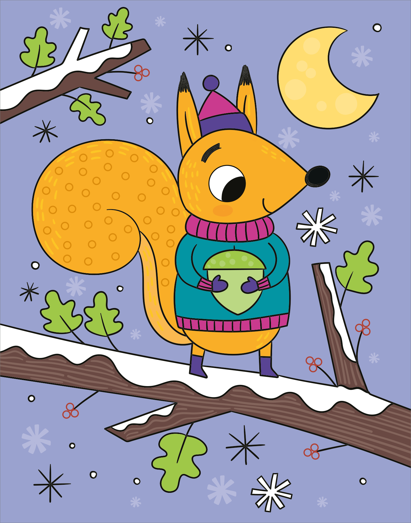 Gezeigt wird eine Innen- oder Zusatzansicht von „Mein Diamant-Stickerheft – Wintertraum“. Die Illustration zeigt ein fröhliches, orangefarbenes Eichhörnchen in einem bunten, gestrickten Pullover, das eine grüne Eickel in den Armen hält. Der Hintergrund ist in sanften Lila- und Blautönen gehalten, ergänzt durch schneebedeckte Äste, grüne Blätter und weiße Schneeflocken. Ein leuchtender, gelber Mond rundet die winterliche Szenerie ab.