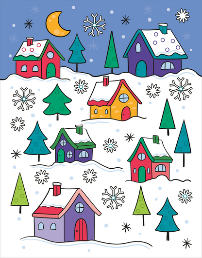 Gezeigt wird eine Innen- oder Zusatzansicht von „Mein Diamant-Stickerheft – Wintertraum“. Die Abbildung zeigt eine winterliche Szene mit bunten Häusern in Rot, Violett und Gelb, umgeben von schneebedeckten Bäumen und weißen Schneeflocken. Der blaue Himmel ist mit einem gelben Mond verziert. Die Schneeflocken und Eiskristalle sind unterschiedlich geformt und gestaltet. Bunte Ringe, die überall im Bild verteilt sind, zeigen an, wo die Diamantsticker hingeklebt werden können.