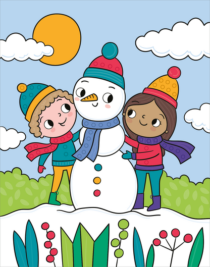 Gezeigt wird eine Innen- oder Zusatzansicht von „Mein Diamant-Stickerheft – Wintertraum“. Die Illustration zeigt zwei fröhliche Kinder, die einen Schneemann bauen. Die Kinder tragen bunte Wintermützen und Schals. Der Schneemann hat eine Karotte als Nase und ist mit farbigen Knöpfen versehen. Im Hintergrund sind eine strahlende Sonne, weiße Wolken und eine grüne Landschaft zu sehen, ergänzt durch bunte Pflanzen. Die gesamte Farbgestaltung ist lebhaft und freundlich.