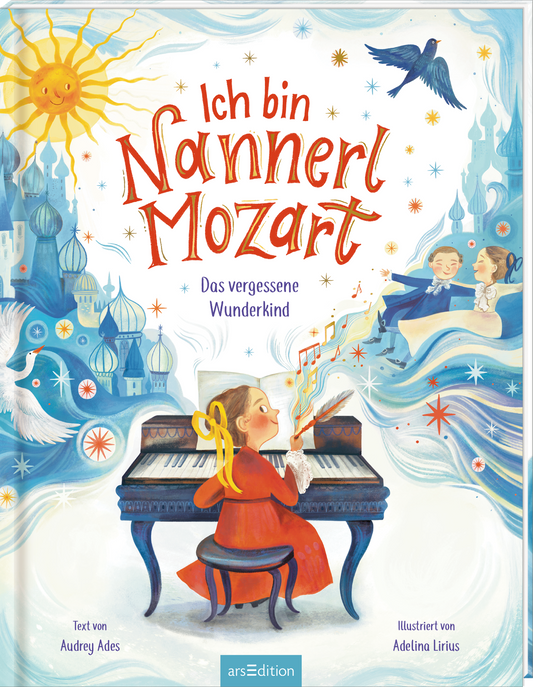 Das Buchcover zeigt ein farbenfrohes und verspieltes Design, das die Atmosphäre von Kindlichkeit und Musik vermittelt. Im Vordergrund sitzt ein Mädchen mit Zopf und einem roten Kleid an einem Klavier, während bunte Noten um sie herumwirbeln. Hinter ihr sind märchenhafte Gebäude und Wolken, in sanften Blau- und Pastelltönen dargestellt. Oben steht in einem schwungvollen Schriftzug „Ich bin Nannerl Mozart“. Darunter liest man „Das vergessene Wunderkind“. Ganz oben links strahlt eine...