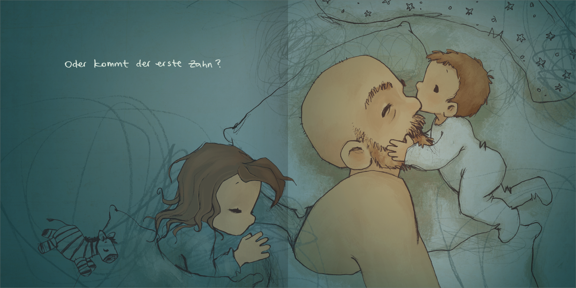 Gezeigt wird eine Innen- oder Zusatzansicht von „Der Schlafräuber“. Die Illustration zeigt eine nächtliche Szenerie mit einem Vater und zwei Kindern. Der Vater, mit einem liebevollen Ausdruck, hält ein Kleinkind, das ihn anlächelt. Ein weiteres Kind liegt schlafend in der linken Bildhälfte. Die Farben sind sanft und pastellig, überwiegend in Blau- und Grautönen, während die Typografie im oberen Bereich eine schlichte, verspielte Schriftart verwendet.