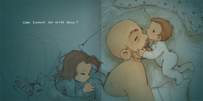 Gezeigt wird eine Innen- oder Zusatzansicht von „Der Schlafräuber“. Die Illustration zeigt eine nächtliche Szenerie mit einem Vater und zwei Kindern. Der Vater, mit einem liebevollen Ausdruck, hält ein Kleinkind, das ihn anlächelt. Ein weiteres Kind liegt schlafend in der linken Bildhälfte. Die Farben sind sanft und pastellig, überwiegend in Blau- und Grautönen, während die Typografie im oberen Bereich eine schlichte, verspielte Schriftart verwendet.