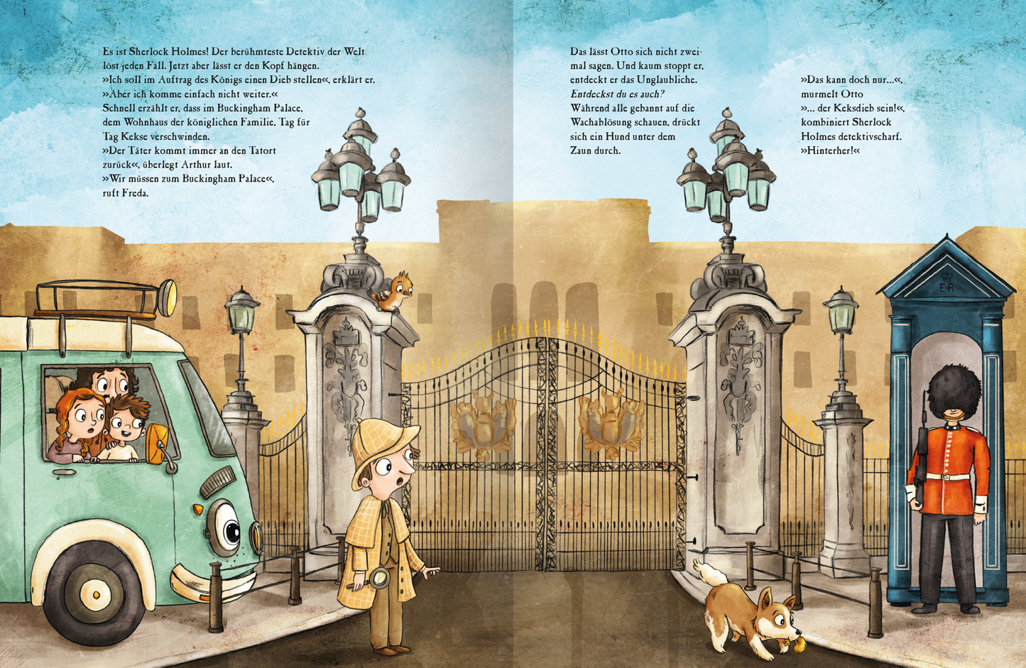 Gezeigt wird eine Innen- oder Zusatzansicht von „OTTO fährt los – Eine Reise nach England“. Die Illustration zeigt eine farbenfrohe Szene vor einem majestätischen Tor mit Laternen, umgeben von historischen Gebäuden im Hintergrund. Auf der linken Seite ist ein niedlicher, blauer Van abgebildet, aus dem neugierige Kinder schauen. Rechts steht ein Junge in einem beigen Outfit neben einer roten Telefonzelle, während ein kleiner Corgi neugierig davor sitzt. Die Typografie ist freundlich...