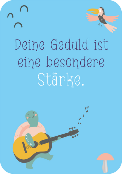 Gezeigt wird eine Innen- oder Zusatzansicht von „Mutmachkarten – Einhorn“. Die Karte hat einen hellblauen Hintergrund und zeigt den Text „Deine Geduld ist eine besondere Stärke.“ in einer verspielten, variierenden Typografie. Eine freundliche Schildkröte mit einer Gitarre ist abgebildet, begleitet von bunten Vögeln und einer kleinen Pilzillustration. Die Farben sind sanft und einladend, was eine positive und ermutigende Stimmung vermittelt.