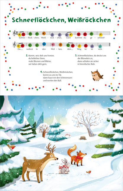 Gezeigt wird eine Innen- oder Zusatzansicht von „Mein Weihnachts-Klavierbuch“. Die Seite enthält den Text und die Noten für das Lied „Schneeflöckchen, Weißröckchen“, dargestellt in einer gut lesbaren, großen Schrift in einem sanften Grüngrau. Oben sind bunte Kreise in verschiedenen Farben angeordnet, die visuelle Akzente setzen. Unten ist eine winterliche Landschaft mit schneebedeckten Tannen und niedlichen Tieren wie einem Rentier und einem Fuchs, die in einer fröhlichen,...