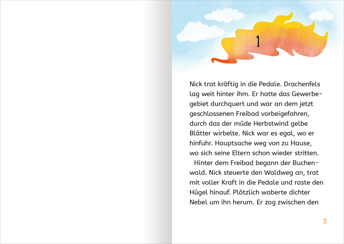 Gezeigt wird eine Innen- oder Zusatzansicht von „Retter der Drachen – Erwecke das Feuer!“. Die Seite zeigt einen blauen Himmel mit grauen Wolken und orangefarbenen Flammen. Die große, fett gedruckte Zahl „1“ hebt sich gut vom Hintergrund ab. Der Text ist in einer klaren, gut lesbaren Schriftart gehalten und beschreibt die Erlebnisse des Protagonisten Nick. Die Farbgebung ist freundlich und einladend, mit sanften Übergängen zwischen Blau und Orange.