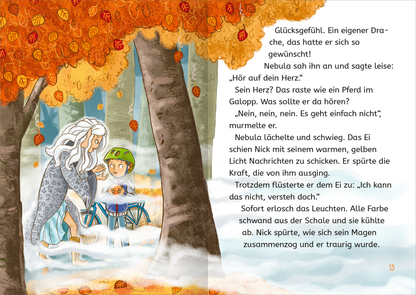 Gezeigt wird eine Innen- oder Zusatzansicht von „Retter der Drachen – Erwecke das Feuer!“. Die Szene zeigt einen Jungen in einem blauen Radhelm, der auf einem Rollstuhl sitzt und mit einer geheimnisvollen, grauen Figur spricht. Die Umgebung ist von herbstlichen Bäumen mit orangefarbenen Blättern umgeben. Der Text ist links in klarer, dunkler Schrift auf hellem Hintergrund gesetzt und thematisiert Emotionen wie Freude und Traurigkeit. Die Illustration ist lebhaft und freundlich gestaltet.