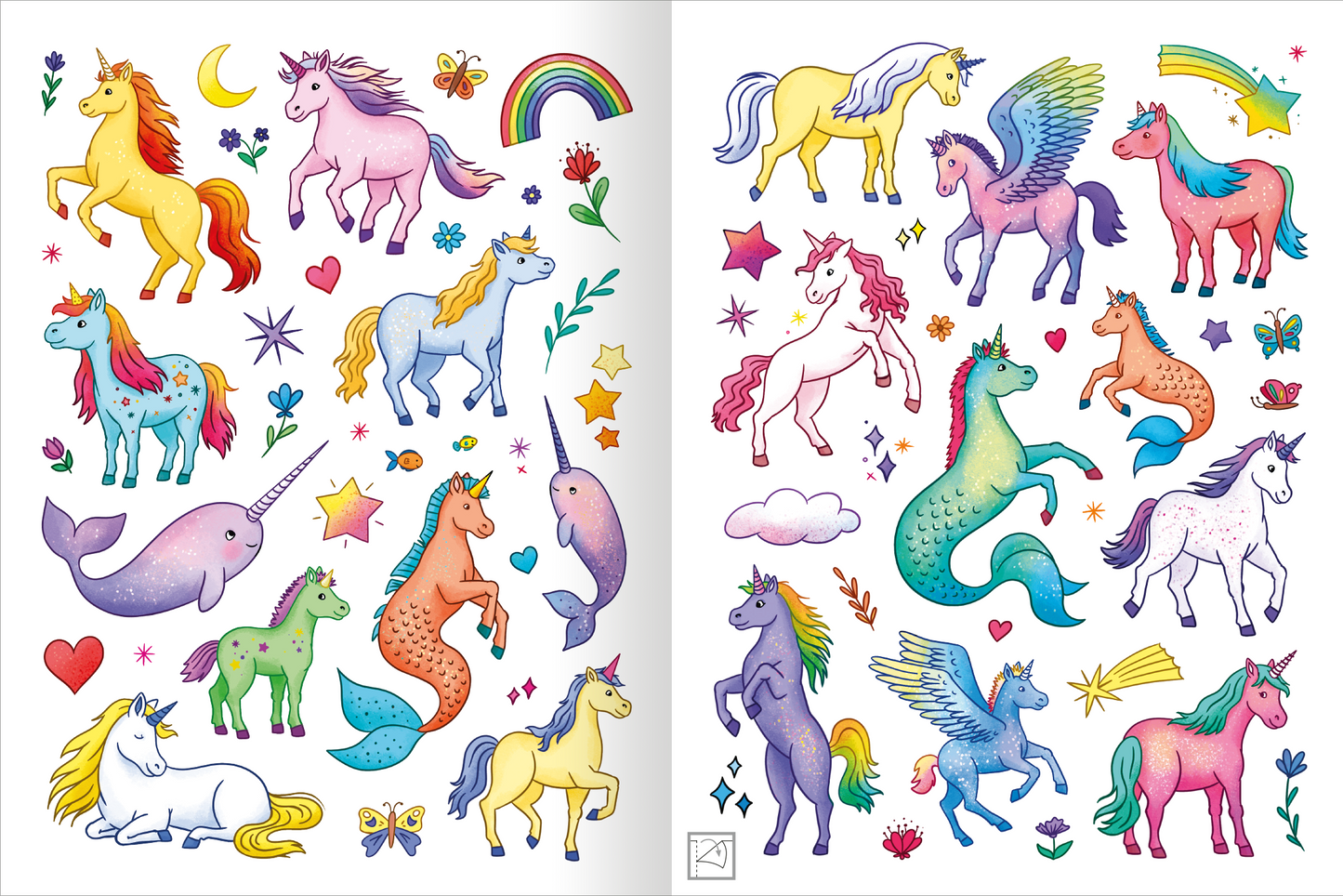 Gezeigt wird eine Innenansicht von „Mein schillerndes Stickerheft – Zauberhafte Einhornwelt“. Die Seite präsentiert eine farbenfrohe Ansammlung von Einhorn-Stickern in verschiedenen Pastellfarben, ergänzt durch Narwale, Meerjungfrauen und schelmische Sterne. Die Glyphen sind verspielt und in einer kindgerechten Zeichensprache gehalten, bei überwiegend soften Linien. Auf einem Regenbogen-Hintergrund kommen die fröhlichen Motive harmonisch zur Geltung und laden zur kreativen Gestaltung...