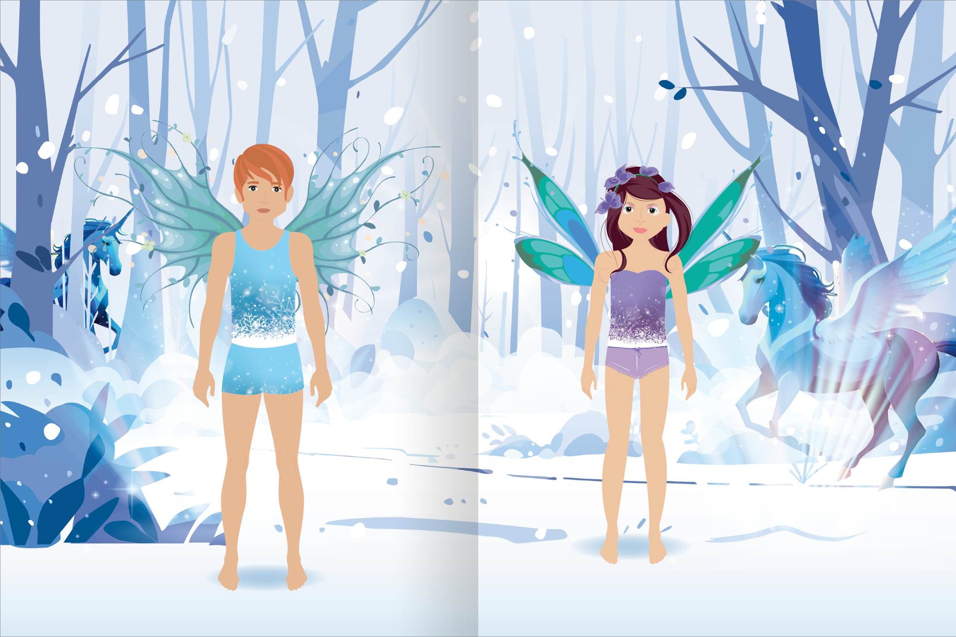 Gezeigt wird eine Innen- oder Zusatzansicht von „Sticker-Anziehpuppen Metallic – Winterfeen“. Die Darstellung zeigt zwei nebeneinanderstehenden Winterfeen mit schimmernden, blauen und lila Flügeln. Die linke Puppe trägt ein hellblaues Oberteil mit glitzernden Akzenten, während die rechte Puppe ein lila Top mit einer Verzierung aufweist. Der Hintergrund ist eine märchenhafte Winterlandschaft, in sanften Blau- und Weißtönen, ergänzt durch schneebedeckte Bäume und zwei geflügelten...