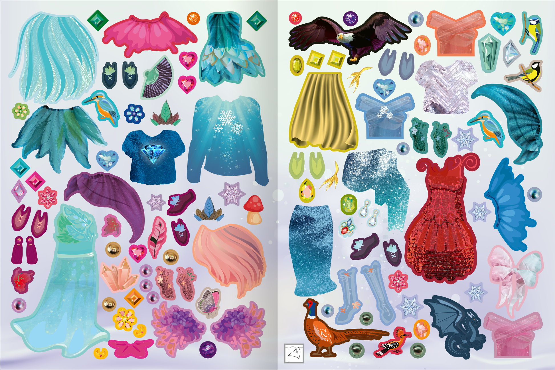 Gezeigt wird eine Innen- oder Zusatzansicht von „Sticker-Anziehpuppen Metallic – Winterfeen“. Die Darstellung umfasst zahlreiche farbenfrohe Sticker, darunter glitzernde Kleider in Blau, Rot und Lila sowie Accessoires wie Hüte und Schuhe. Die gesamte Komposition vermittelt eine fantasievolle und einladende Atmosphäre für Kinder.