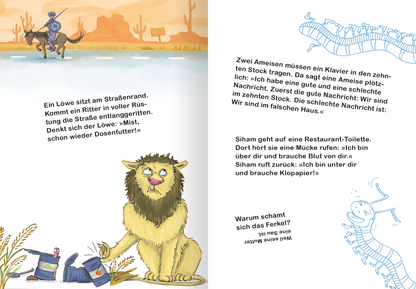 Gezeigt wird eine Innen- oder Zusatzansicht von „Mein tierisches Witzebuch“. Auf der linken Seite ist ein Löwe mit einem genervten Gesichtsausdruck abgebildet, der eine Konservendose von sich kickt. Eine weitere Illustration zeigt einen Ritter auf einem Pferd, das auf einer Straße in der Wüste reitet. Beide Seiten umfassen humorvolle Textabschnitte in klarer, fettgedruckter Typografie in Schwarz auf hellem Hintergrund.