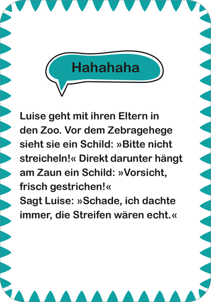 Gezeigt wird eine Innen- oder Zusatzansicht von „Fritzchen-Witze zum Kaputtlachen“. Die Seite ist in einem fröhlichen Design gehalten, geprägt von einem hellen, pastellfarbenen Hintergrund und einer auffälligen Sprechblase in Türkis, die den Witz hervorhebt. Die Typografie ist gut lesbar, mit einer Mischung aus großen und kleinen Buchstaben, die den Dialog lebhaft erscheinen lassen. Umrahmende, gezackte Linien in einem hellen Blau verleihen der Seite eine einladende und spielerische...
