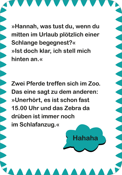 Gezeigt wird eine Innen- oder Zusatzansicht von „Fritzchen-Witze zum Kaputtlachen“. Die Seite ist in einem fröhlichen Design gehalten, geprägt von einem hellen, pastellfarbenen Hintergrund und einer auffälligen Sprechblase in Türkis, die den Witz hervorhebt. Die Typografie ist gut lesbar, mit einer Mischung aus großen und kleinen Buchstaben, die den Dialog lebhaft erscheinen lassen. Umrahmende, gezackte Linien in einem hellen Blau verleihen der Seite eine einladende und spielerische...