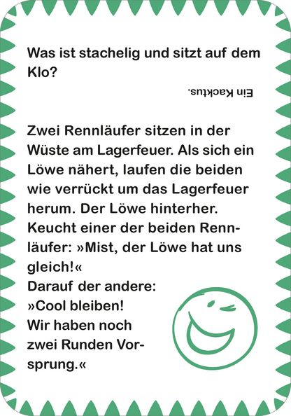 Gezeigt wird eine Innen- oder Zusatzansicht von „Pupslustige Witze“. Der Hintergrund ist hellgrün mit zackigen, weißen Rändern. In der Mitte steht der Witz in schwarzer Schrift, umrahmt von einer humorvollen Illustration, die ein lächelndes Gesicht darstellt. Der Witz selbst ist klar strukturiert und verwendet eine gut lesbare, serifenlose Typografie. Oben befindet sich die Frage als Aufmacher, gefolgt von der Erzählung in zwei Absätzen.