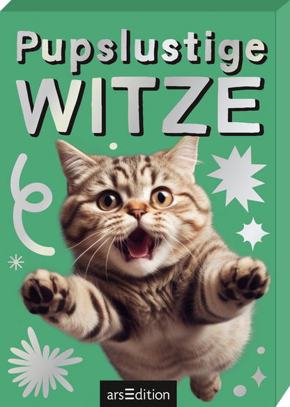Das Buchcover zeigt einen gefüllten, mintgrünen Hintergrund, auf dem sich eine verspielte, freudig aufspringende Katze mit gestreiftem Fell in der Mitte präsentiert. Die Katzensilhouette wird von verschiedenen, bunten grafischen Elementen wie Sternen und Linien umrahmt. Der Titel „Pupslustige WITZE“ ist in großen, fetten Buchstaben gehalten, wobei „WITZE“ besonders betont wird. Ein SPIEGEL-Bestseller-Button ist in der oberen Ecke angebracht. Ganz unten mittig steht der...