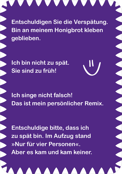 Gezeigt wird eine Innen- oder Zusatzansicht von „Ultrablöde Witze“. Der Hintergrund ist in einem satten Lila gehalten, mit einer gezackten Umrandung. In der Mitte finden sich verschiedene Witze, die in einer gut lesbaren, weißen Schrift präsentiert werden. Die Typografie ist humorvoll und einladend, unterstützt durch ein lächelndes Emoji. Die Witze sind klar strukturiert und vermitteln einen amüsanten Eindruck, der den Leser zum Schmunzeln anregt.