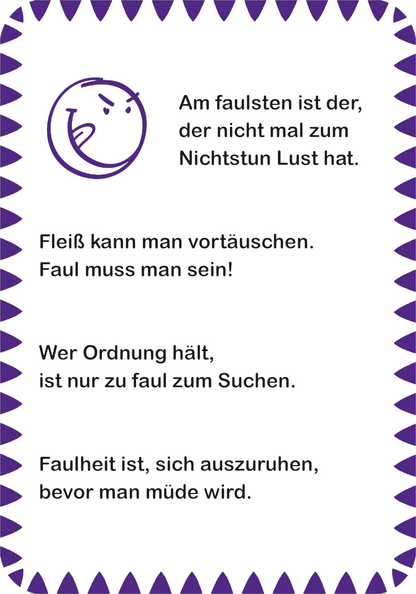 Gezeigt wird eine Innen- oder Zusatzansicht von „Ultrablöde Witze“. Die Seite hat einen weißen Hintergrund mit einer lila Umrandung, die mit Zacken verziert ist. Oberhalb des Textes befindet sich ein lächelndes Gesicht in lila. Der Text ist in schwarzer Schrift und besteht aus humorvollen Sprüchen über Faulheit, die in einem klaren, gut lesbaren Schriftstil präsentiert werden.
