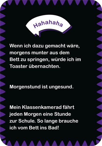 Gezeigt wird eine Innenansicht von „Ultrablöde Witze“. Die Seite hat einen schwarzen Hintergrund mit lila Akzenten und einem abgerundeten Rand. Oben steht in einer verspielten, weißen Schrift das Wort „Hahaaha“. Der Text ist in klarer, weißer Schrift gestaltet, die humorvolle Sprüche präsentiert. Die Typografie ist modern und gut lesbar, während die Farbauswahl lebendig und ansprechend wirkt.