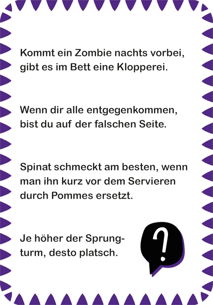 Gezeigt wird eine Innen- oder Zusatzansicht von „Ultrablöde Witze“. Die Seite ist in einem klaren, gut lesbaren Layout gestaltet. Die Schrift ist in großer, schwarzer Typografie auf weißem Hintergrund gehalten, wodurch der Text gut hervortritt. Um den Text herum befinden sich lila, Zacken. Ein großer, schwarzer Fragezeichen-Icon am unteren Rand betont die witzige Thematik des Buches.