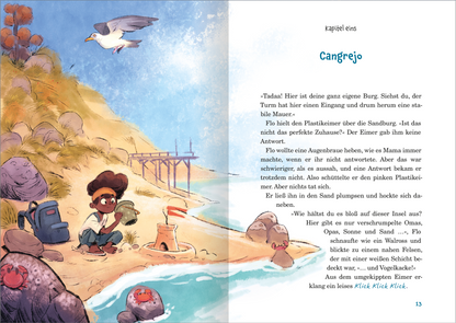 Gezeigt wird eine Innen- oder Zusatzansicht von „Meister des Abenteuers“. Die Illustration zeigt eine lebendige Strandlandschaft mit sanften Sanddünen und einem blauen Himmel. In der Mitte stehen zwei Kinder, eines mit einem Rucksack, das am Strand spielt. Um sie herum liegen große Steine und Muscheln, während im Hintergrund eine Holzplanke ins Wasser führt. Der Titel „Cangrejo“ ist in einer verspielten Schriftart am oberen Rand des rechten Seitenbereichs platziert. Die Farben sind...
