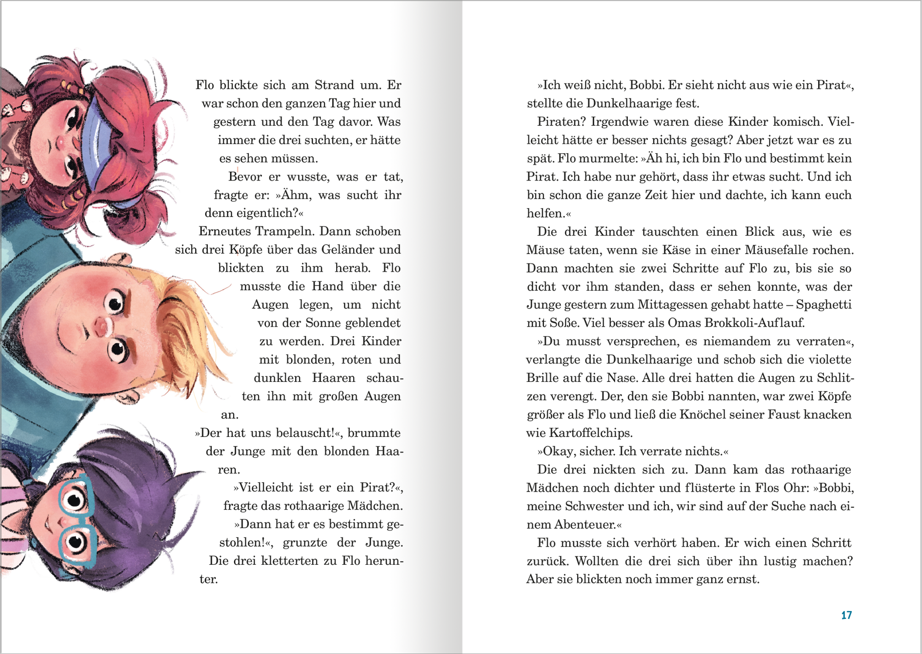 Gezeigt wird eine Innenansicht von „Meister des Abenteuers“. Die Seite zeigt eine illustrierte Szene mit vier Kindern, die neugierig in die Mitte schauen. Die Farben sind lebhaft, mit dominierenden Rottönen, Blau und Violett. Die Typografie ist spielerisch und gut lesbar, wobei die Sprechblasen der Charaktere in einer freundlichen Schriftart gestaltet sind. Die Animationen der Figuren verleihen der Szene Dynamik und Emotion.