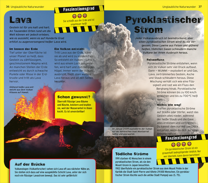 Gezeigt wird eine Innen- oder Zusatzansicht von „Die 100 unglaublichsten Dinge der Welt“. Die Seite enthält zwei Hauptabschnitte, die sich mit Lava und pyroklastischem Strom befassen. Der Hintergrund ist in hellen Gelbtönen gehalten, während die Textfelder in Blau und Orange hervorgehoben sind. Die Schriftarten sind modern und gut lesbar. Grafische Elemente wie Warnschilder und Bilder von Vulkanen ergänzen die informativen Texte und verleihen dem Layout eine dynamische Struktur.