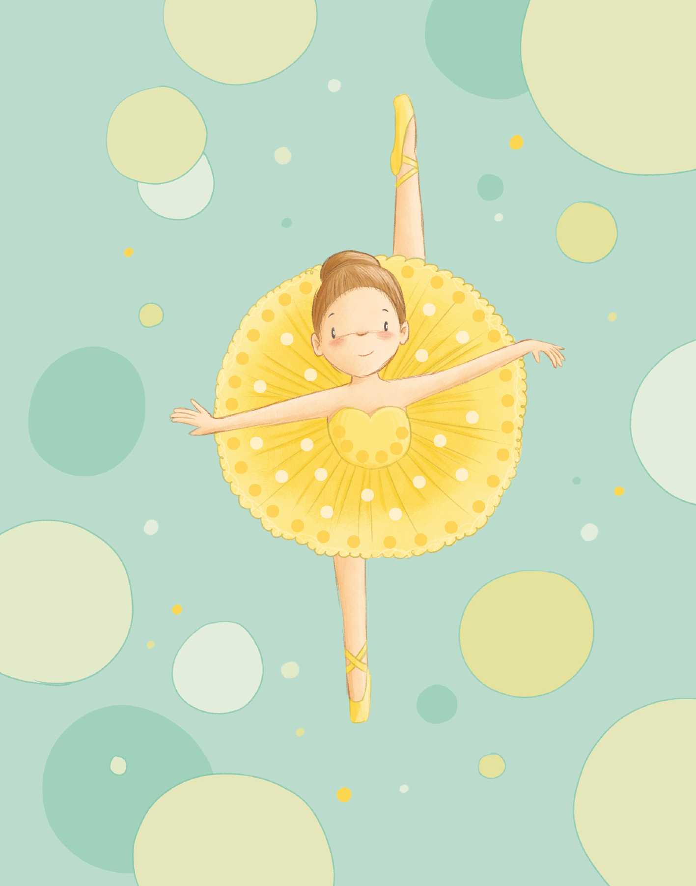 Gezeigt wird eine Innen- oder Zusatzansicht von „Diamantsticker Anziehpuppen – Ballett“. Auf einem hellen, mintgrünen Hintergrund tanzt ein fröhliches Ballettmädchen in einem gelben Tüllkleid mit weißen Punkten. Ihr Haar ist zu einem lockeren Dutt frisiert. Die kreisförmigen Farbmuster in verschiedenen Grüntönen ergänzen das Bild harmonisch.