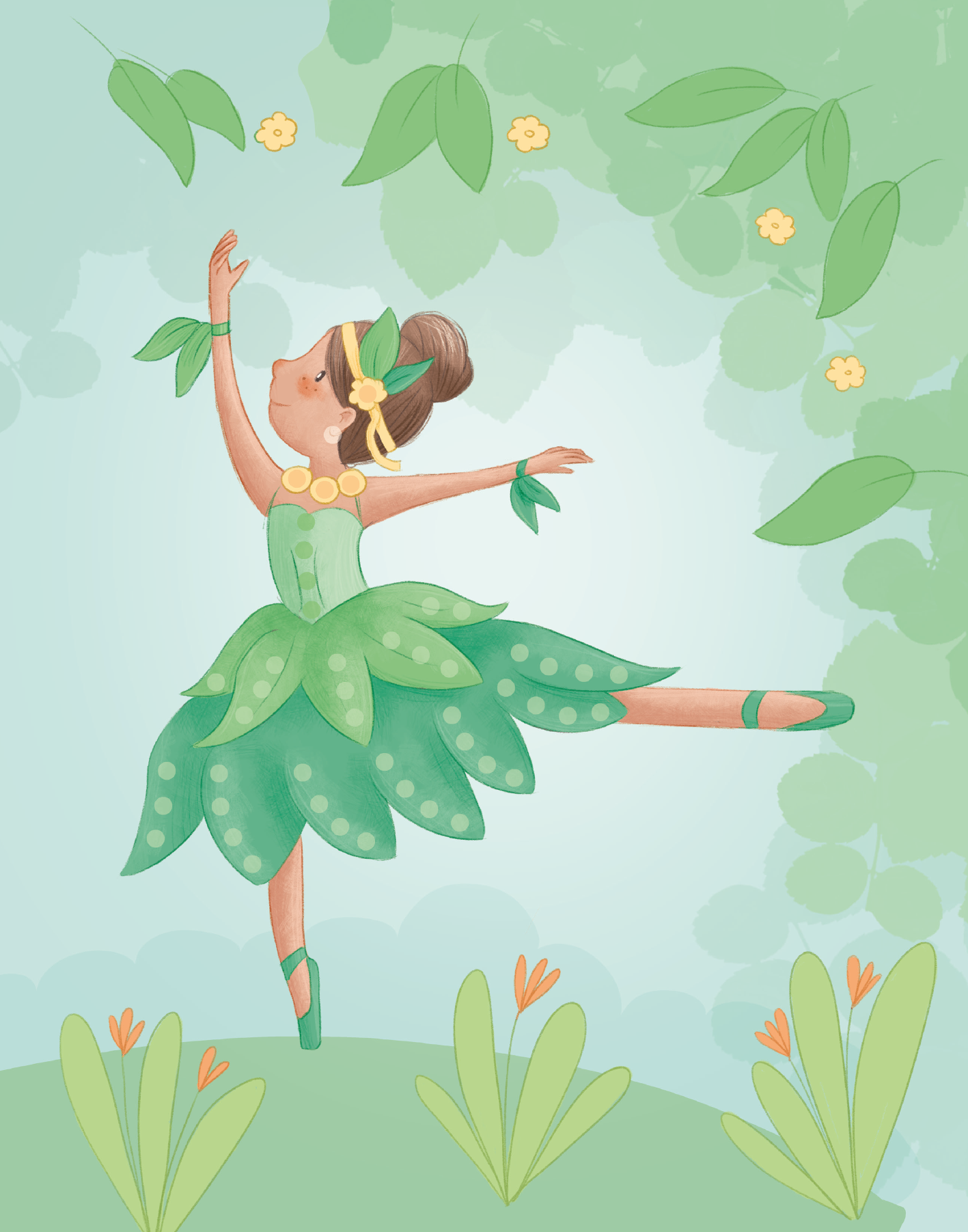 Gezeigt wird eine Innen- oder Zusatzansicht von „Diamantsticker Anziehpuppen – Ballett“. Die Abbildung präsentiert ein ballet-tanzendes Mädchen in einem leuchtend grünen Kleid, das mit Blätter-Elementen verziert ist. Der Hintergrund ist sanft in Pastellgrün gehalten und zeigt eine harmonische Naturumgebung mit Sträuchern und kleinen, gelben Blüten. Die Typografie ist verspielt und freundlich, was die fröhliche, kindgerechte Atmosphäre unterstreicht.