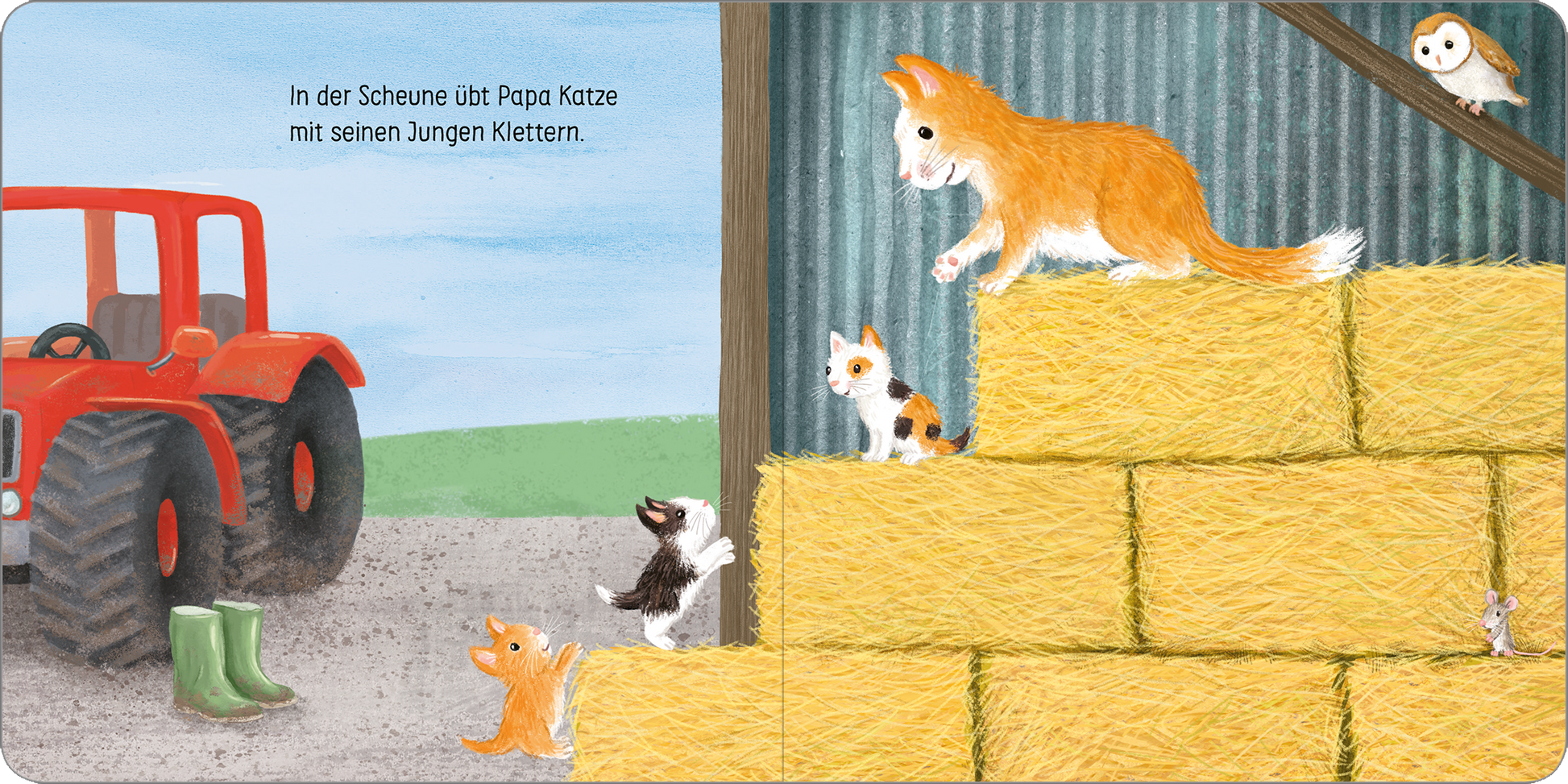 Gezeigt wird eine Innen- oder Zusatzansicht von „Hab dich lieb, kleines Küken!“. Die Illustration zeigt eine Scheunenlandschaft mit einem roten Traktor und einem Strohballenstapel. Auf den Strohballen klettern vier Katzen, darunter eine orangefarbene Mama-Katze und ihre jungen Kätzchen in verschiedenen Farben. Im Hintergrund sind gezielte Farben wie Grau und Grün zu sehen, während die Typografie links oben in einem kindgerechten, gut lesbaren Schriftstil gehalten ist.