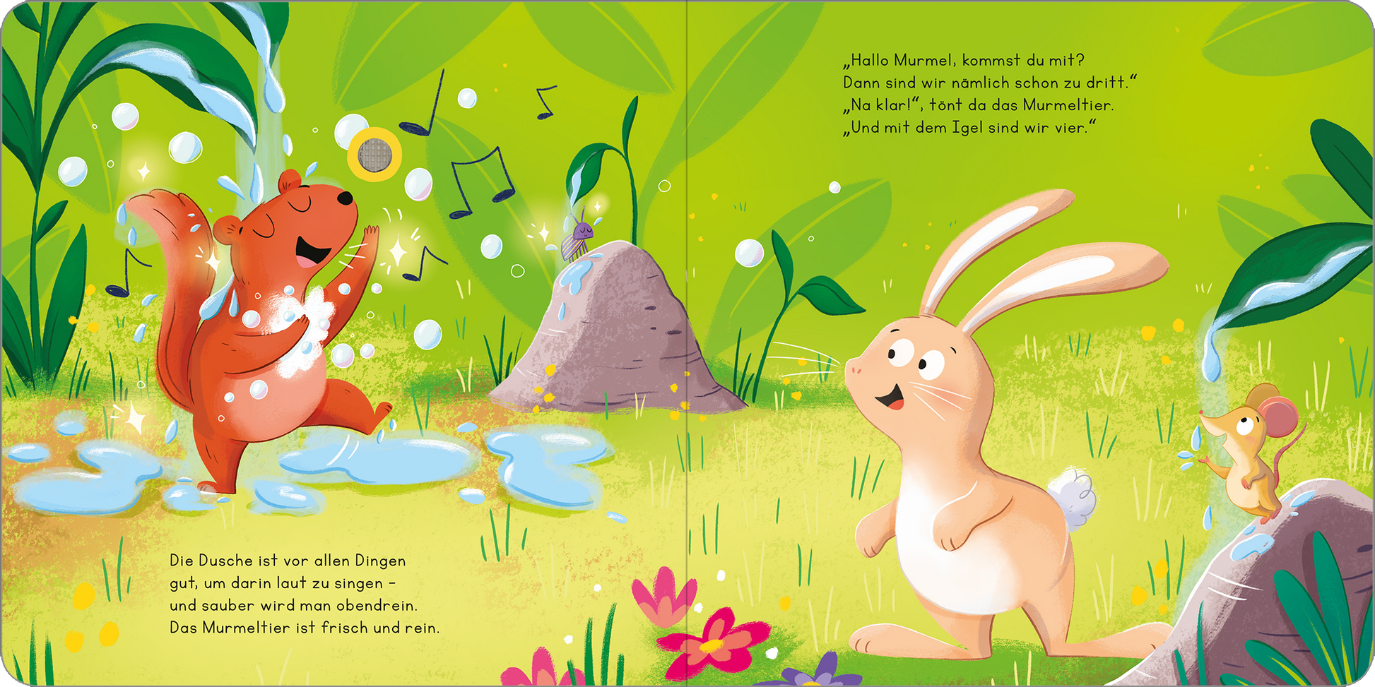 Gezeigt wird eine Innen- oder Zusatzansicht von „Das lustige Frühlingserwachen“. Die Illustration zeigt ein lebhaftes Frühlingsszene mit einem fröhlichen Eichhörnchen, das im Wasser spritzt, und einem lächelnden Hasen, der neben ihm steht. Die Farben sind kräftig und überwiegend in frischen Grüntönen, ergänzt durch pastellfarbene Akzente. Die Typografie ist kinderfreundlich, bunt und einladend, mit hervorgehobenen Sprechblasen, die die Charaktere darstellen.