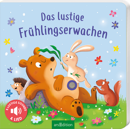 Das Cover zeigt einen fröhlichen Bären, der entspannt auf einer Wiese liegt, während ein Hase ihm mit einem grünen Blatt aufs Gesicht klettert. Zu sehen sind zudem ein Igel und ein Eichhörnchen, die in der bunten, blühenden Szenerie um den Bären herumstehen. Der Himmel ist sanft blau mit vielen kleinen, bunten Blumen und Schmetterlingen. Der Titel „Das lustige Frühlingserwachen“ ist in verspielter Schrift oben platziert. Unten links ist ein roter Button mit dem Text „5 lustige...