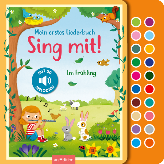 Das Buchcover zeigt eine fröhliche Frühlingsszene mit einem Mädchen, das auf einer Wiese sitzt und Flöte spielt. Um sie herum sind bunte Tiere, darunter ein Hase und ein Kaninchen, die aufmerksam lauschen. Die Farben sind hell und lebhaft, mit einem blauen Himmel und grünen Bäumen. Der Titel „Mein erstes Liederbuch Sing mit!“ wird in einer verspielten Schriftart hervorgehoben. In der oberen linken Ecke ist ein blauer Button mit dem Text „MIT 20 MELODIEN“ zu sehen. Ganz unten...