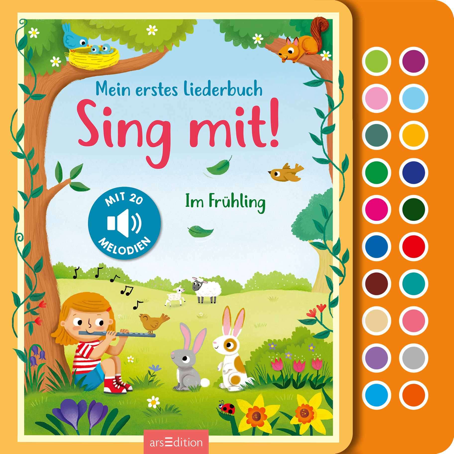 Das Buchcover zeigt eine fröhliche Frühlingsszene mit einem Mädchen, das auf einer Wiese sitzt und Flöte spielt. Um sie herum sind bunte Tiere, darunter ein Hase und ein Kaninchen, die aufmerksam lauschen. Die Farben sind hell und lebhaft, mit einem blauen Himmel und grünen Bäumen. Der Titel „Mein erstes Liederbuch Sing mit!“ wird in einer verspielten Schriftart hervorgehoben. In der oberen linken Ecke ist ein blauer Button mit dem Text „MIT 20 MELODIEN“ zu sehen. Ganz unten...