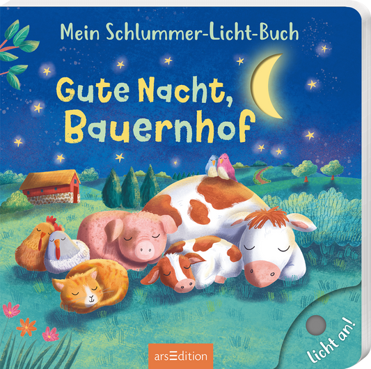 Das Buchcover zeigt eine nächtliche Bauernhofszene unter einem tiefblauen Himmel mit vielen Sternen und einer schmalen, goldenen Mondsichel. In der Mitte liegen eine schlafende Katze, ein Schnarchschwein, ein Kalb und eine müde Kuh eng beieinander. Im Hintergrund sind ein rotes Scheunengebäude und einige Bäume zu erkennen. Der Titel „Gute Nacht, Bauernhof“ ist in leuchtendem Gelb und verspielter Schrift platziert. Oben steht „Mein Schlummer-Licht-Buch“. Ein SPIEGEL-Bestseller-Button...