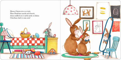 Gezeigt wird eine Innen- oder Zusatzansicht von „Meine schönsten Ostergeschichten“. Die Illustration zeigt eine gemütliche Kinderzimmer-Szene mit bunten Ostereiern und einem gestreiften Teppich. Im Vordergrund stehen zwei Hasen, die sich auf die bevorstehenden Ostern vorbereiten, während im Hintergrund Bilderrahmen mit Zeichnungen hängen. Die dominante Farben sind sanfte Pastelltöne, und die Typografie ist klar und freundlich, was die fröhliche Stimmung des Buches unterstreicht.