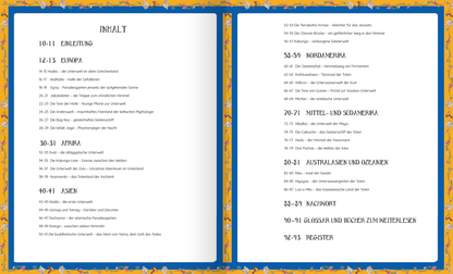 Gezeigt wird eine Innenansicht von „Atlas – Welten des Jenseits“. Die Doppelseite enthält eine Inhaltsübersicht, die auf einem weißen Hintergrund präsentiert wird. Die Schrift ist klar und modern, mit großen, auffälligen Überschriften in einer stilisierten, serifenlosen Typografie. Die Seiten sind von einem dekorativen, gelben Rahmen mit floralen Elementen umgeben, während die farbigen Nummerierungen in blauer Schrift gestaltet sind. Das Layout ist übersichtlich und strukturiert,...