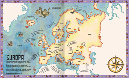 Gezeigt wird eine Innen- oder Zusatzansicht von „Atlas – Welten des Jenseits“. Die Seite zeigt eine farbige Karte von Europa mit sanften, pastellartigen Tönen in Blau und Gelb. Verschiedene geografische Orte sind illustriert und beschriftet, einige mit kleinen Zeichnungen von Fantasiewesen. Die Schriftart ist gut lesbar und geschwungen, während eine Kompassrose in der unteren Ecke die Orientierung unterstützt. Der Rand der Seite ist mit floralen Motiven verziert.