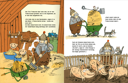 Gezeigt wird eine Innen- oder Zusatzansicht von „Tores Traktorschule“. Die Illustration zeigt eine bunte und lebendige Szene in einem Bauernhof. Auf der linken Seite steht ein fröhlicher Bauer mit einer Schubkarre, umgeben von Tieren wie Kühen und einem Kätzchen. Die Wände sind in warmen Holz-Tönen gehalten, während der Text in klarer, kindgerechter Schrift formuliert ist. Die rechte Seite zeigt weitere tierische Charaktere, darunter Schweine, die aufmerksam in Richtung des...