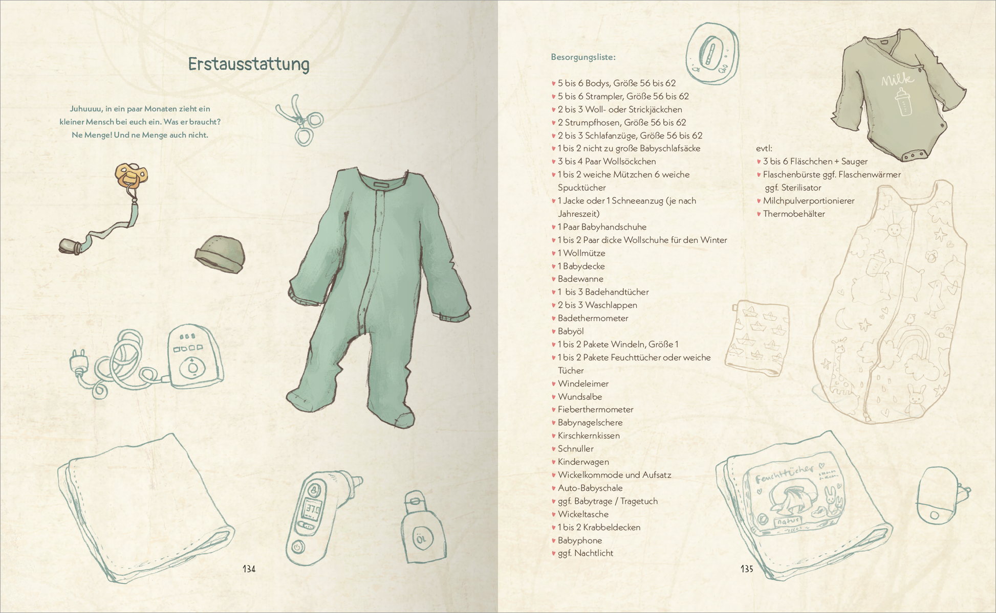 Gezeigt wird eine Innen- oder Zusatzansicht von „Du und ich. Das Mama-Buch“. Die Seite präsentiert eine sanfte, helle Farbpalette in Pastelltönen, überwiegend Grün- und Beigetöne. Gezeichnete Illustrationen zeigen Babybekleidung und notwendige Utensilien, begleitet von einfachen, klaren Schriftarten. Die Gliederung erfolgt in zwei Spalten, mit einer Überschrift „Erstausstattung“ und aufgelisteten Empfehlungen, die informativ und ansprechend gestaltet sind.