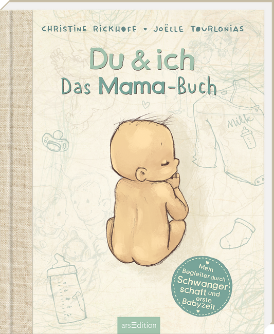 Das Buchcover zeigt ein sanft gezeichnetes Baby, das auf seinem Po sitzt und entspannt nach hinten schaut. Der Hintergrund ist in sanften Pastelltönen gehalten, überwiegend in Hellblau und Beige, mit schematischen Darstellungen von Babyutensilien. Der Titel „Du &amp; ich“ und der Untertitel „Das Mama-Buch“ sind in freundlicher, blauer Typografie gestaltet. Oben links befindet sich der Autorennamen „Christine Rickhoff“ und „Joëlle Tourlonias“. Ganz unten mittig steht der...