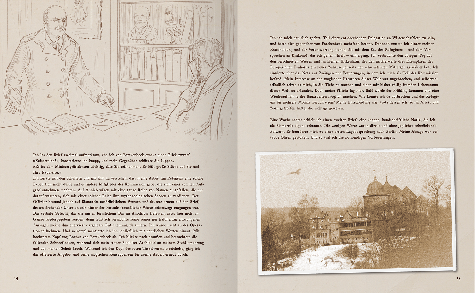 Gezeigt wird eine Innen- oder Zusatzansicht von „Verborgene Fabelwesen der Meere“. Die Darstellung zeigt auf der linken Seite eine skizzierte Szene mit zwei Personen in einem Gespräch, umgeben von Bücherregalen, während die rechte Seite eine sepiafarbene Abbildung einer historischen Gebäudeansicht zeigt. Die sanften, erdigen Farbtöne erzeugen eine nostalgische Atmosphäre, die durch die klare, serifenlose Typografie ergänzt wird, die den Text modern und gut lesbar erscheinen lässt.